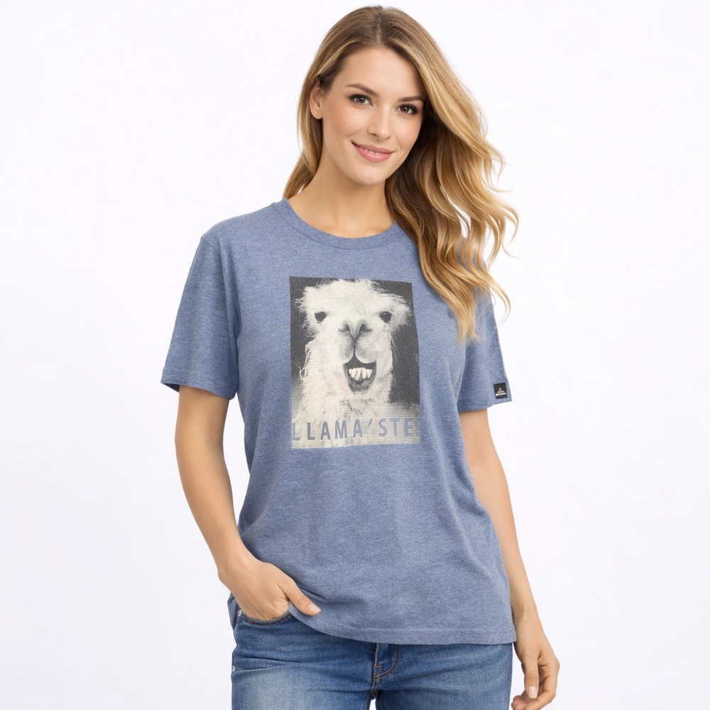 prAna Llama Graphic Tee Heather Blue Fair Trade Medium ARK